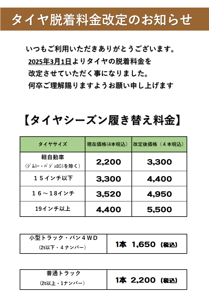 タイヤ脱着料金改定について